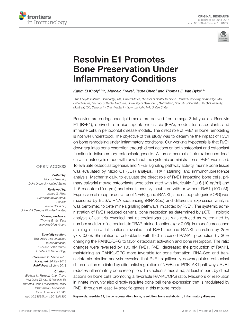 Resolvin E1 Promotes Bone Preservation Under Inflammatory Conditions