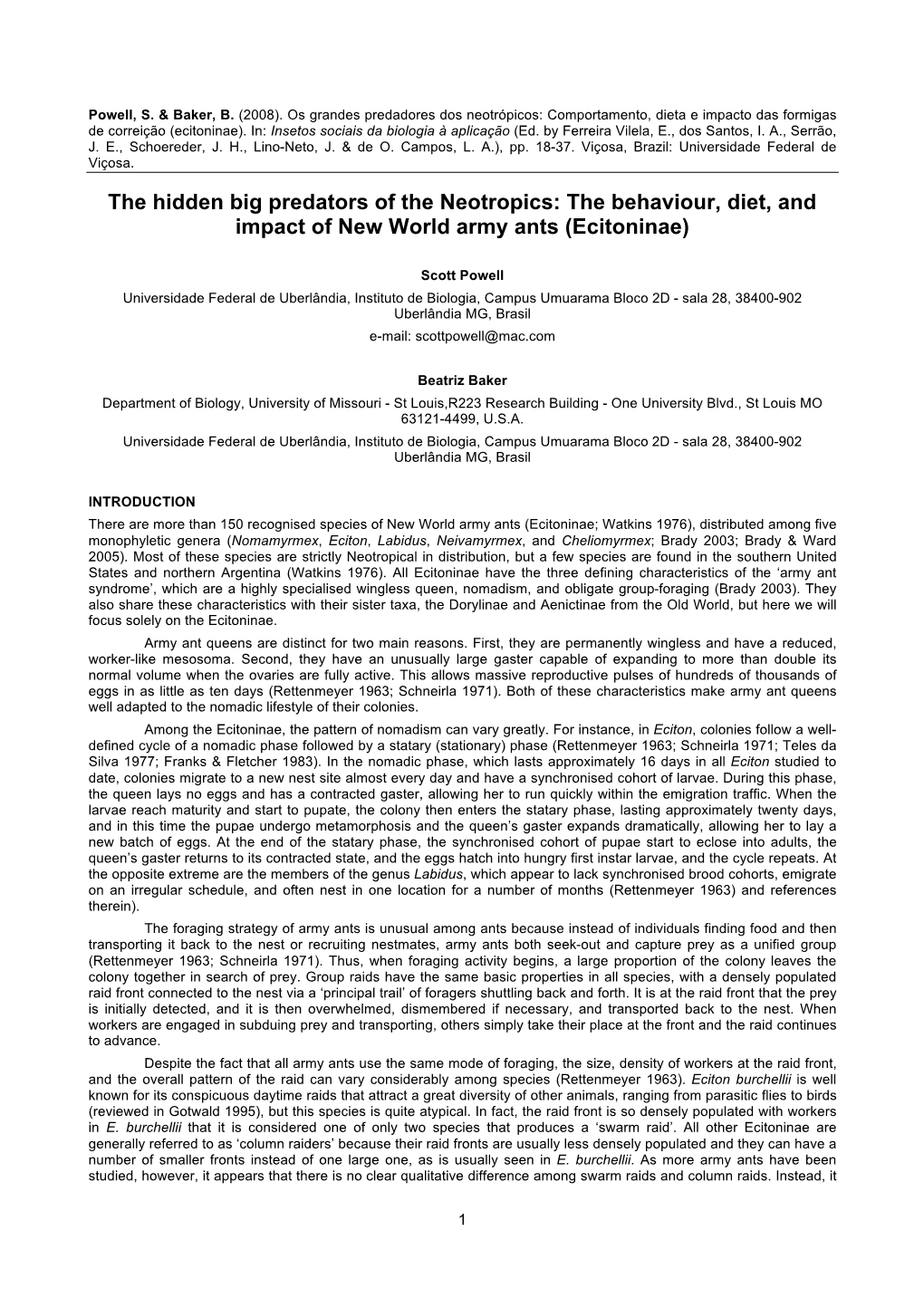 The Behaviour, Diet, and Impact of New World Army Ants (Ecitoninae)