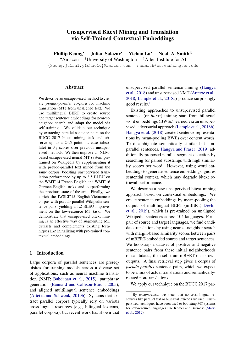 Unsupervised Bitext Mining and Translation Via Self-Trained Contextual Embeddings