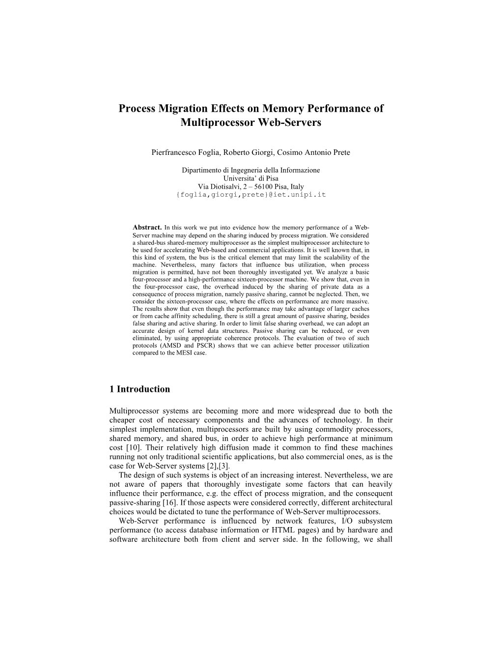 Process Migration Effects on Memory Performance of Multiprocessor Web-Servers