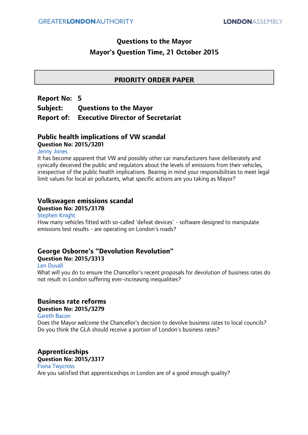 Questions to the Mayor Mayor's Question Time, 21 October 2015