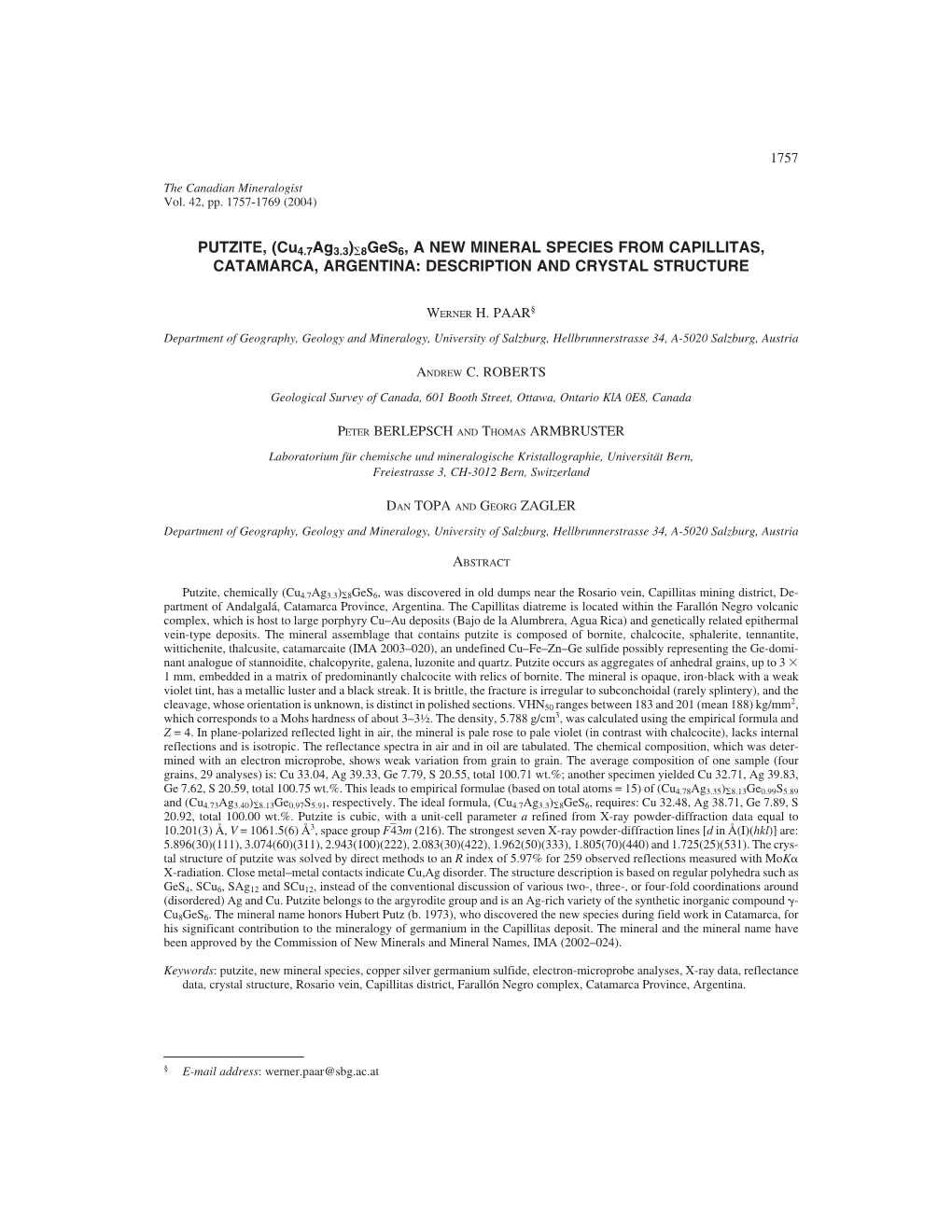 8Ges6, a NEW MINERAL SPECIES from CAPILLITAS, CATAMARCA, ARGENTINA: DESCRIPTION and CRYSTAL STRUCTURE