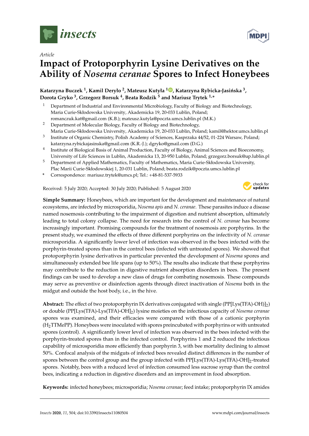 Impact of Protoporphyrin Lysine Derivatives on the Ability of Nosema Ceranae Spores to Infect Honeybees