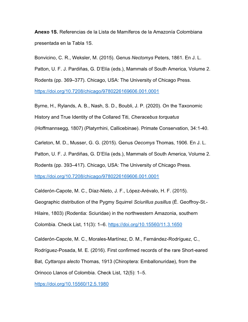 Anexo 1S. Referencias De La Lista De Mamíferos De La Amazonía Colombiana Presentada En La Tabla 1S