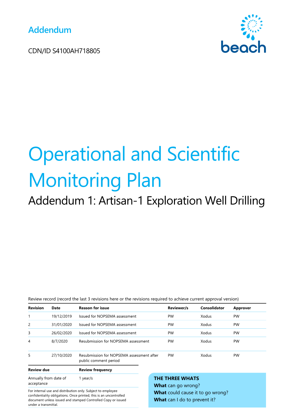 Operational and Scientific Monitoring Plan Addendum 1: Artisan-1 Exploration Well Drilling