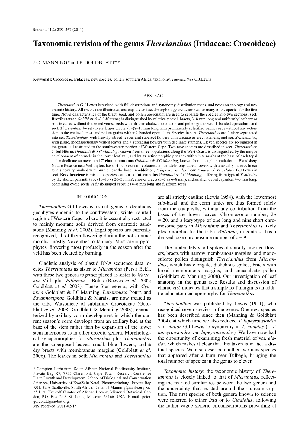 Taxonomic Revision of the Genus Thereianthus (Iridaceae: Crocoideae)