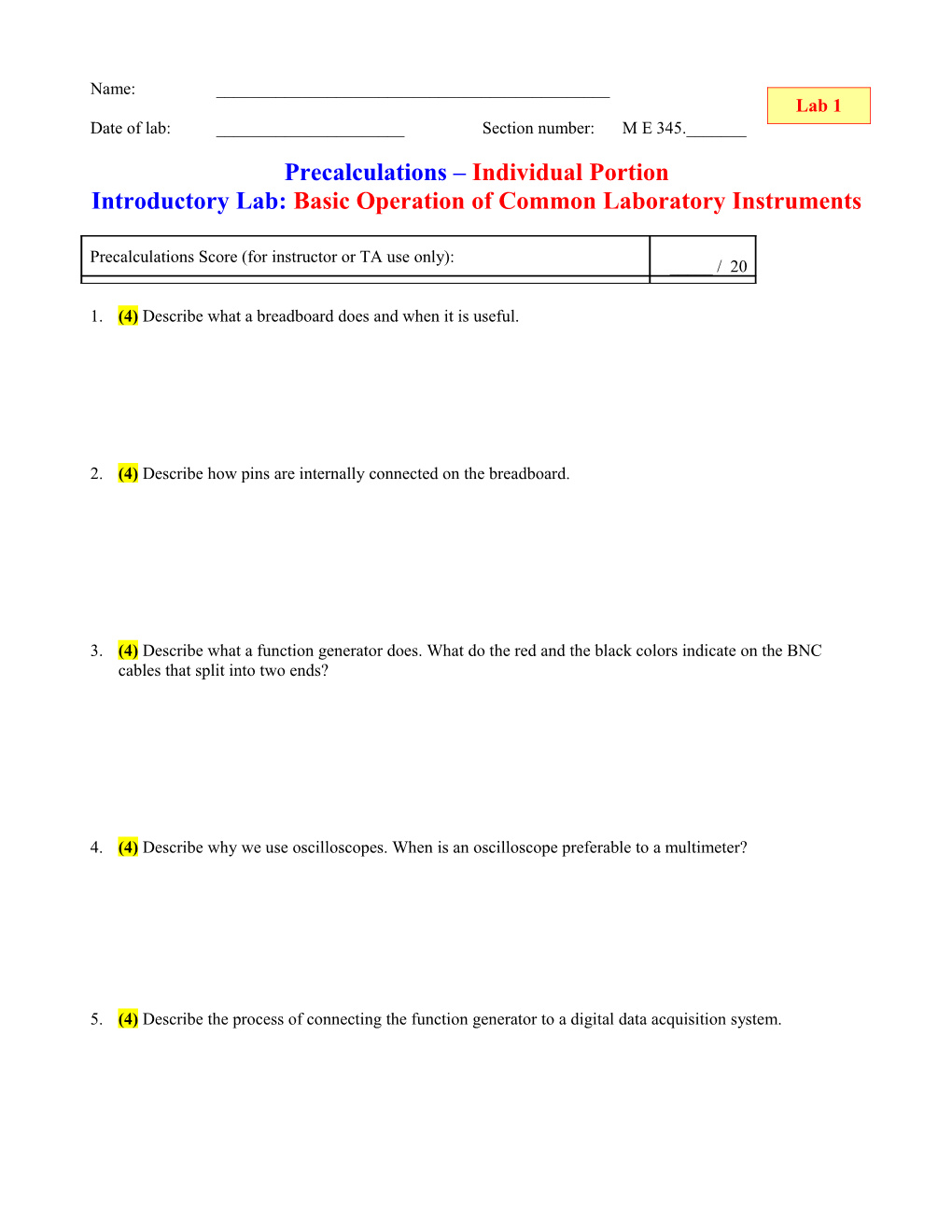 Cover Page for Precalculations Individual Portion