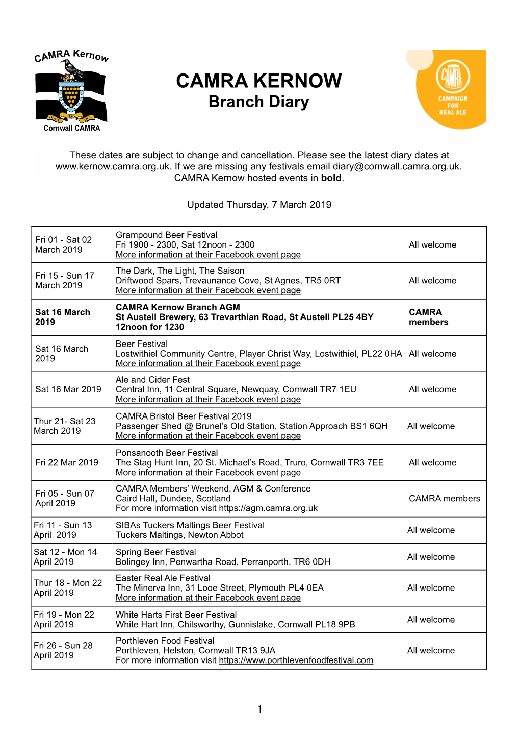 CAMRA Branch Diary Updated 07 March 2019