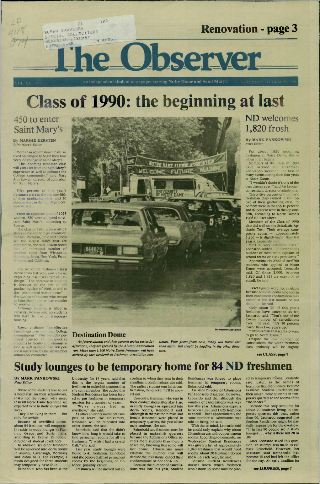 Class of 1990: the Beginning at Last 450 to Enter ND Welcomes Saint Mary’S 1,820 Frosh