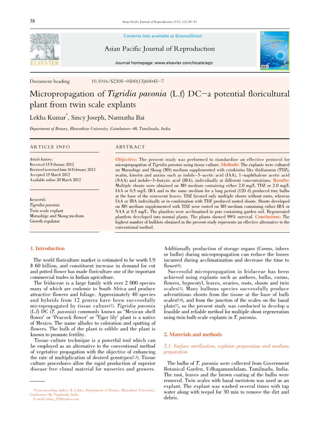 Micropropagation of Tigridia Pavonia (L.F) DC-A Potential Floricultural Plant from Twin Scale Explants