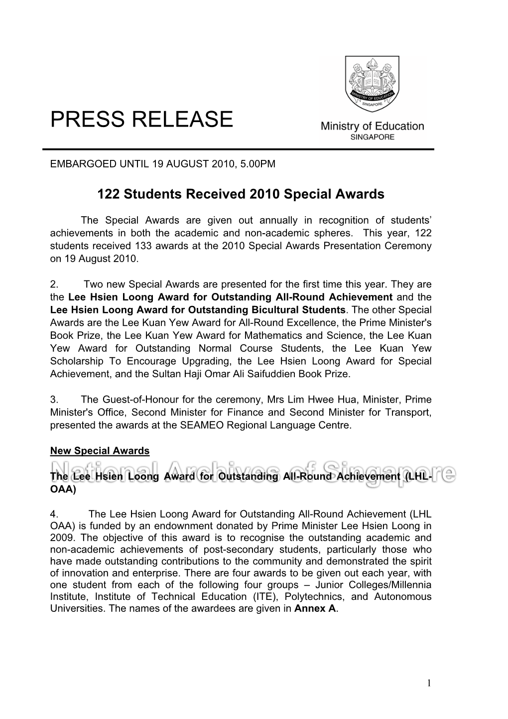 122 Students Received 2010 Special Awards