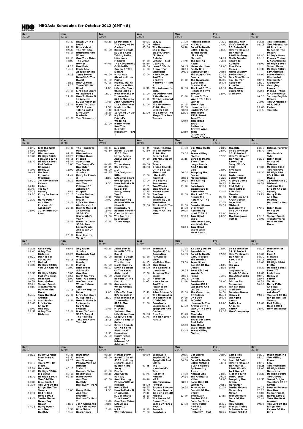 Hboasia Schedules for October 2012 (GMT +8)