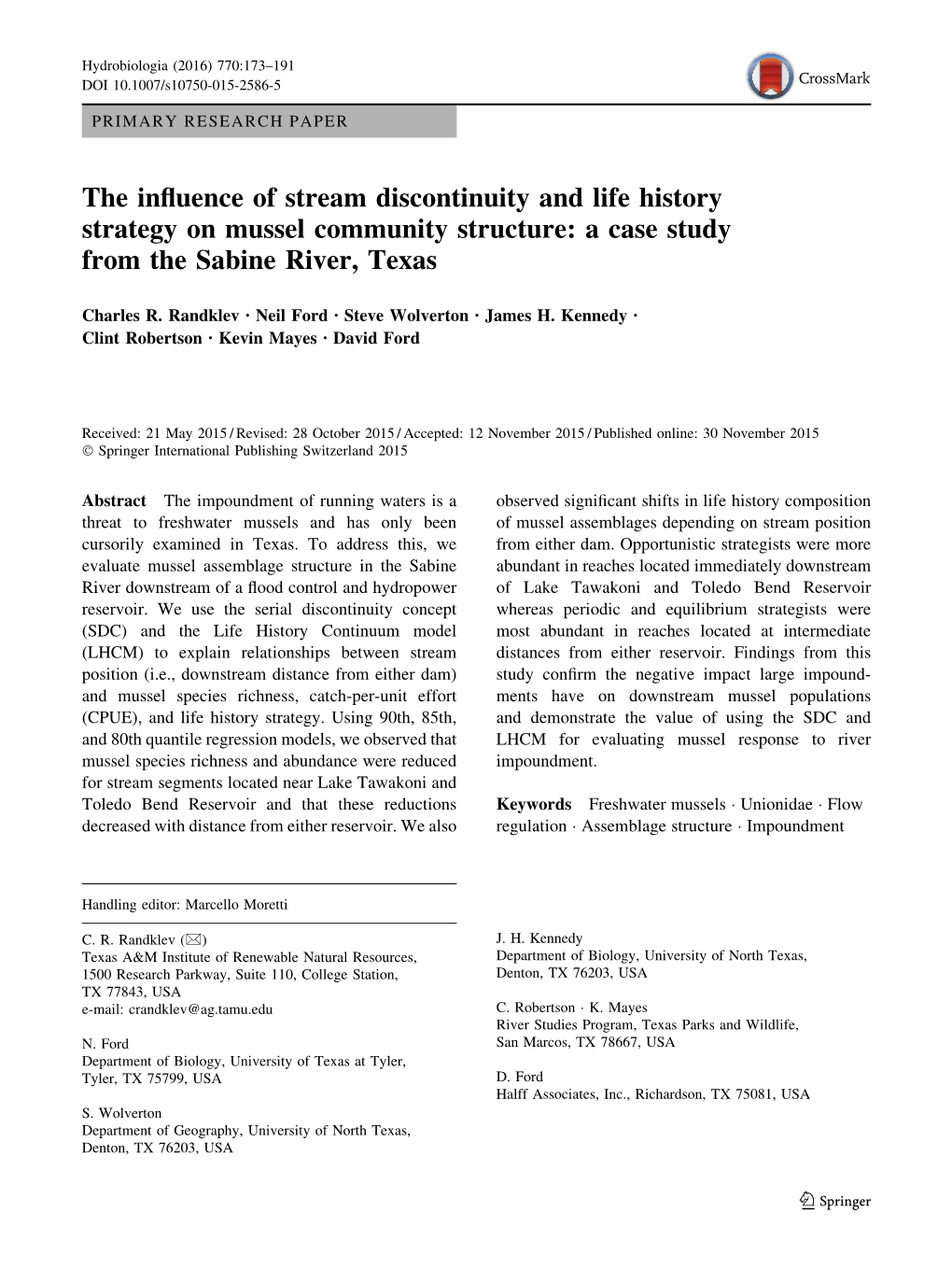 The Influence of Stream Discontinuity and Life History Strategy on Mussel Community Structure: a Case Study from the Sabine Rive