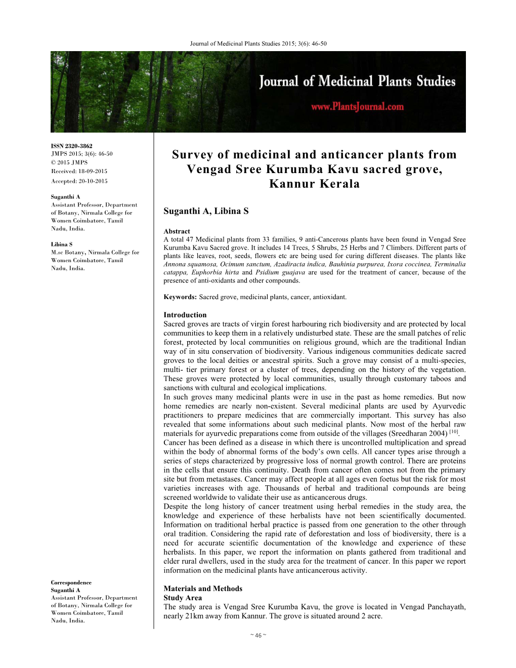 Survey of Medicinal and Anticancer Plants from Vengad Sree Kurumba