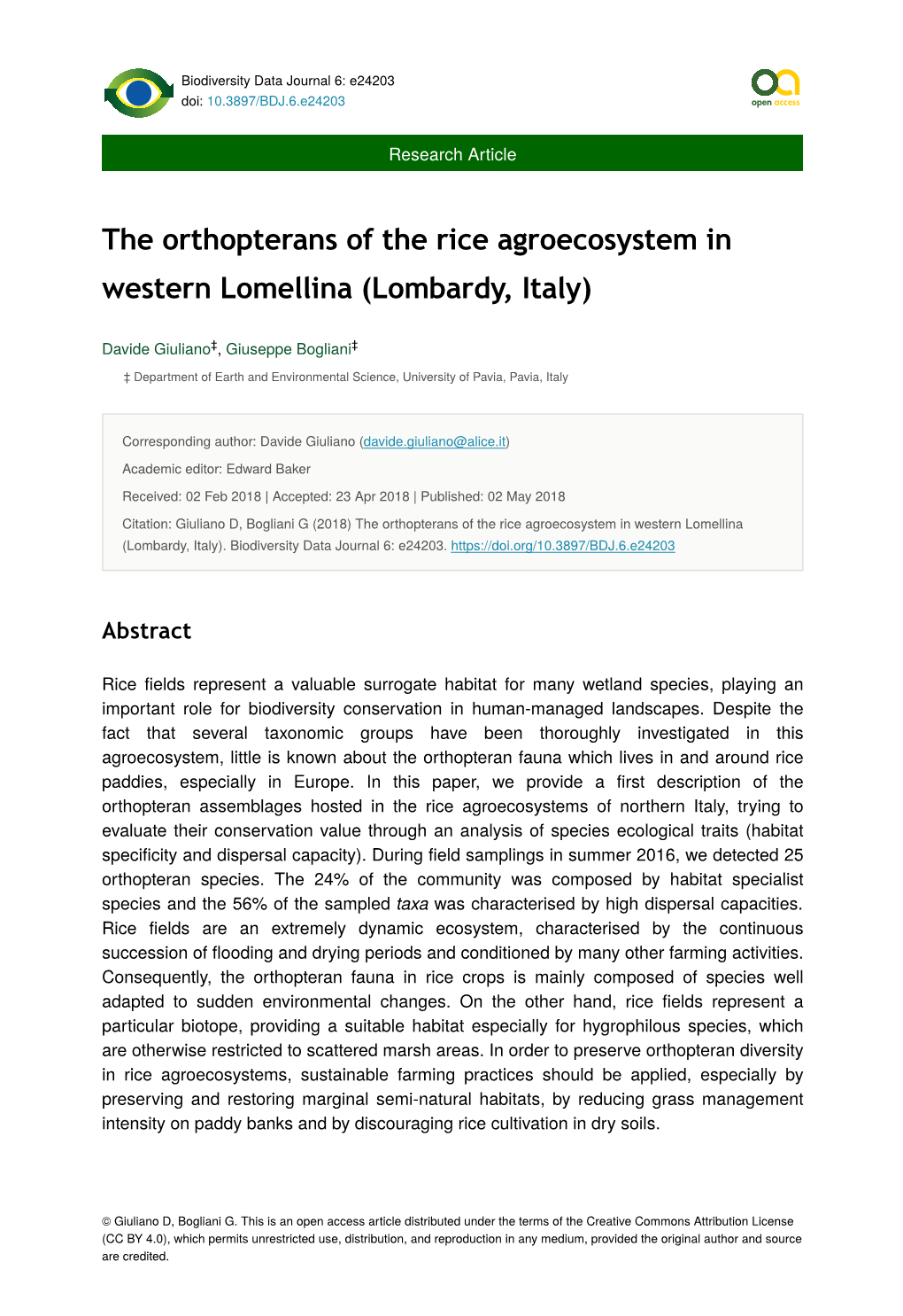 The Orthopterans of the Rice Agroecosystem in Western Lomellina (Lombardy, Italy)