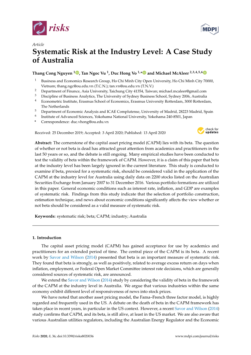 Systematic Risk at the Industry Level: a Case Study of Australia