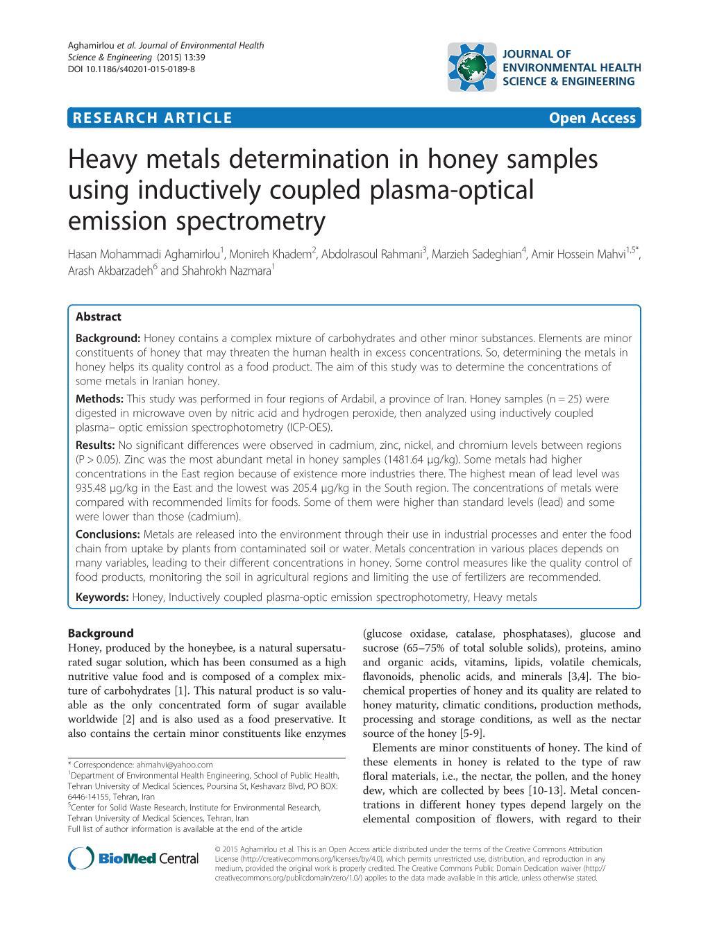 Heavy Metals Determination in Honey Samples Using Inductively Coupled
