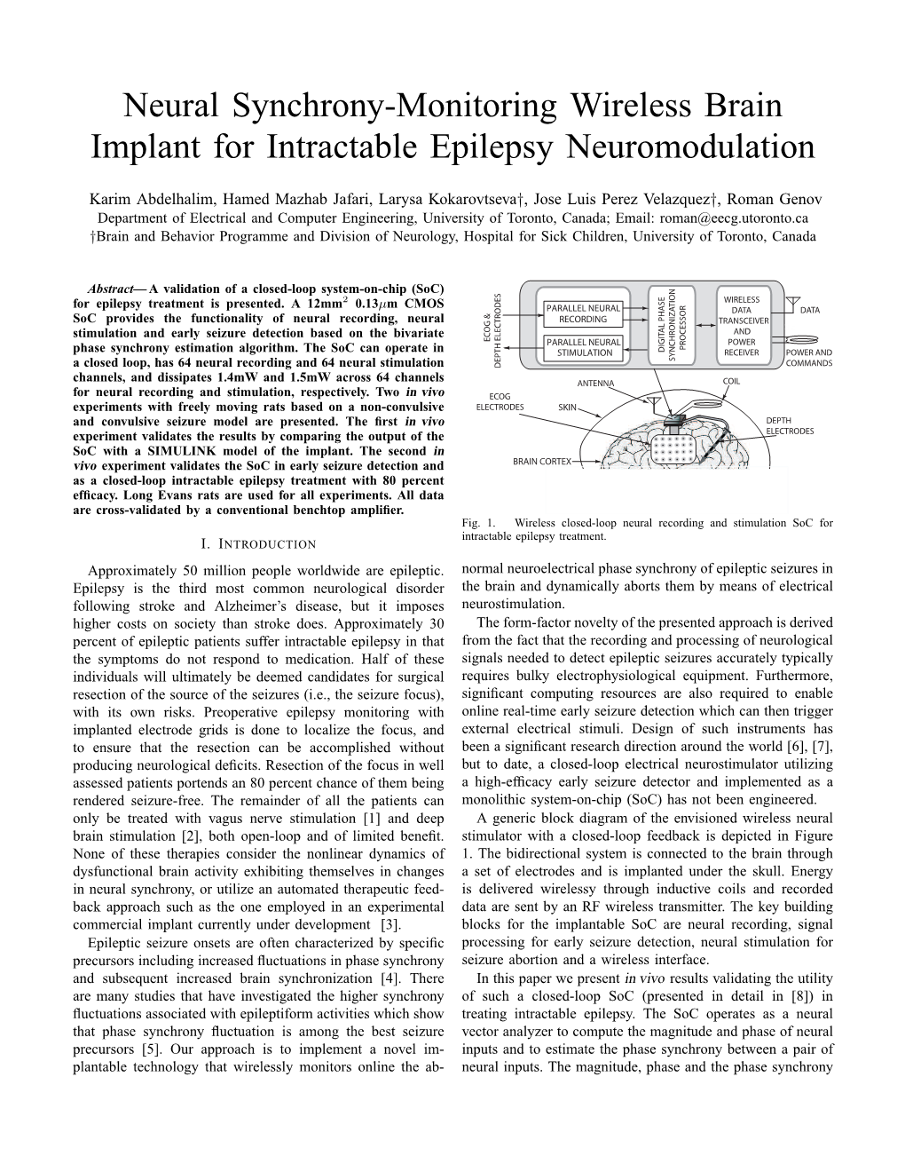 Neural Synchrony-Monitoring Wireless Brain Implant for Intractable Epilepsy Neuromodulation