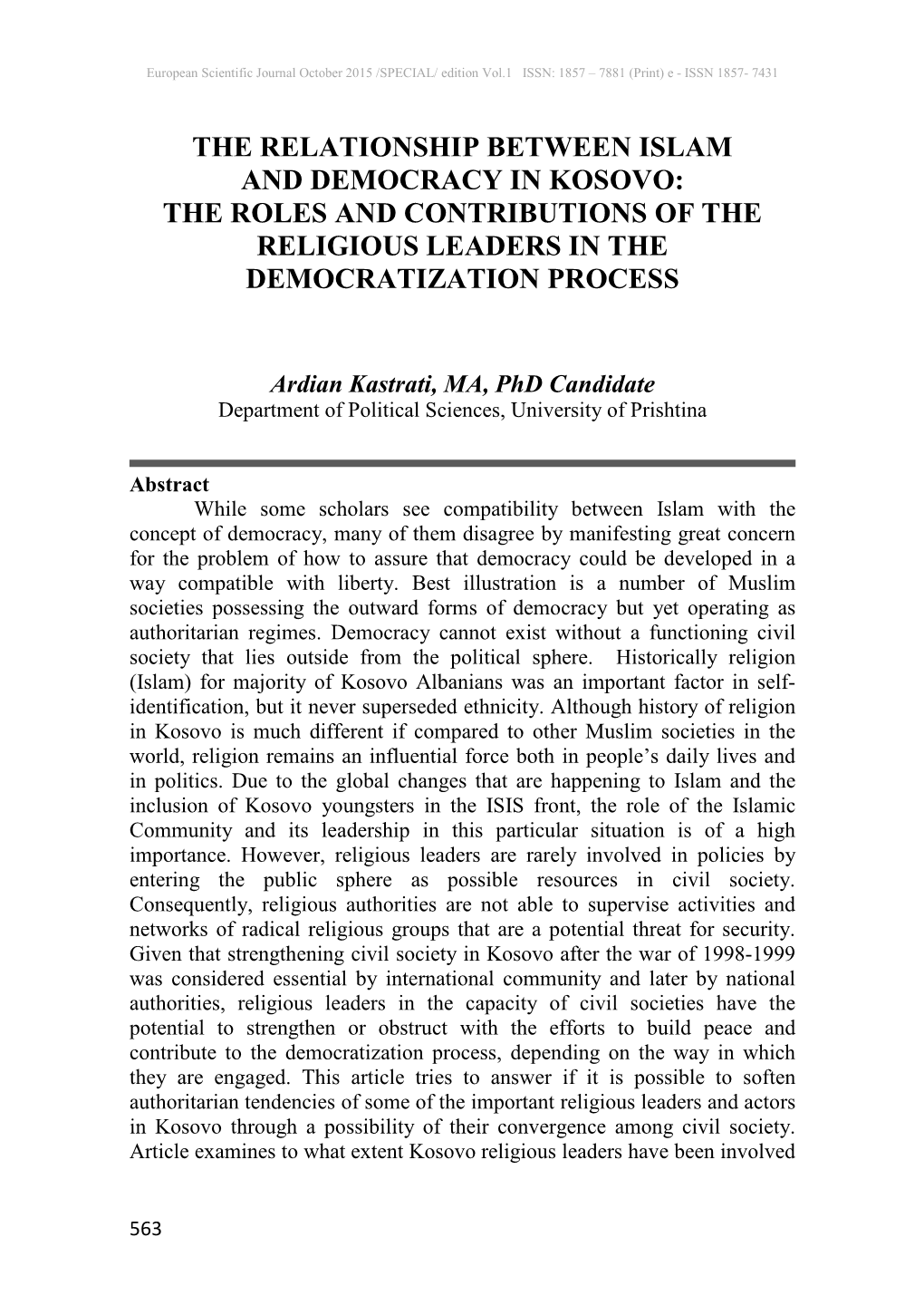 The Relationship Between Islam and Democracy in Kosovo: the Roles and Contributions of the Religious Leaders in the Democratization Process