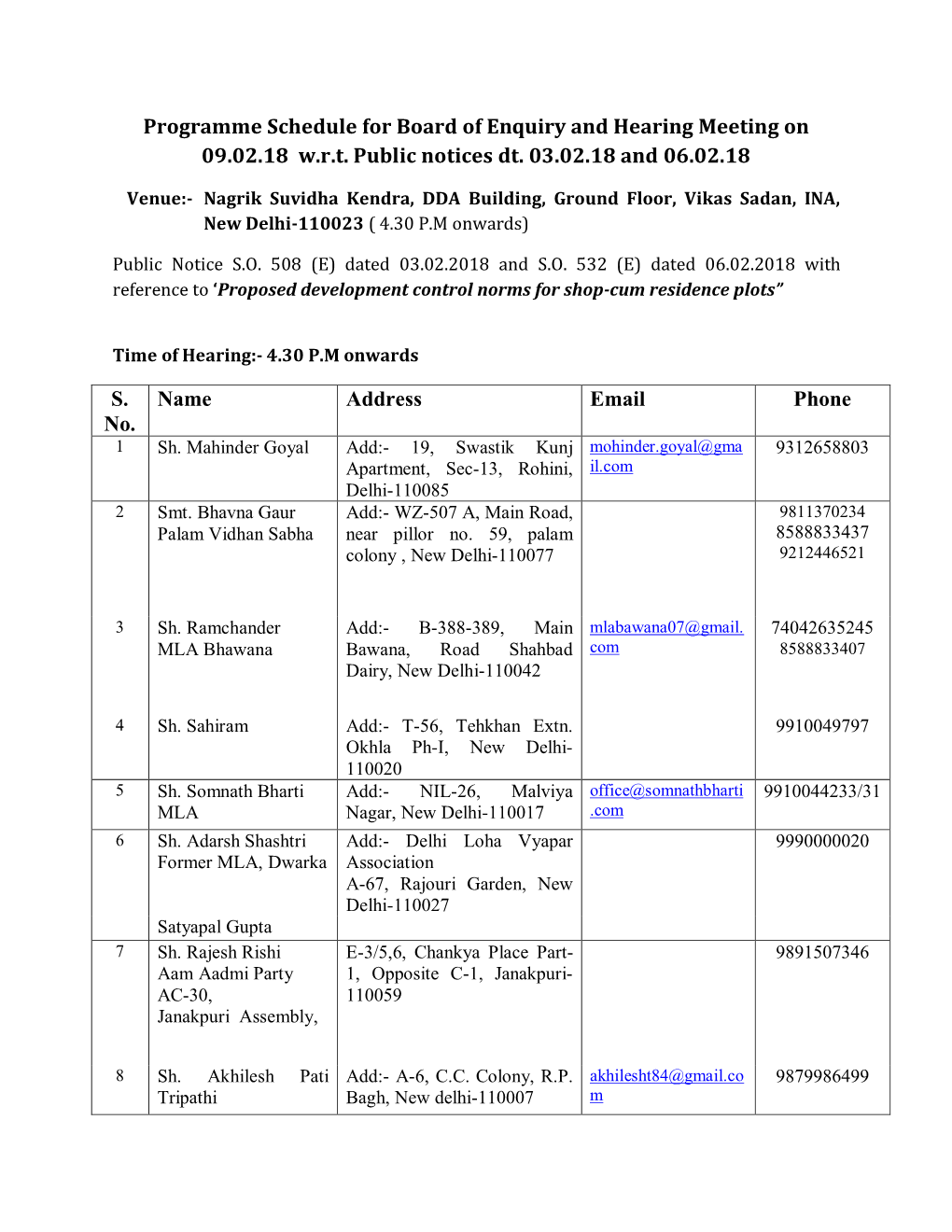 Programme Schedule for Board of Enquiry and Hearing Meeting on 09.02.18 W.R.T