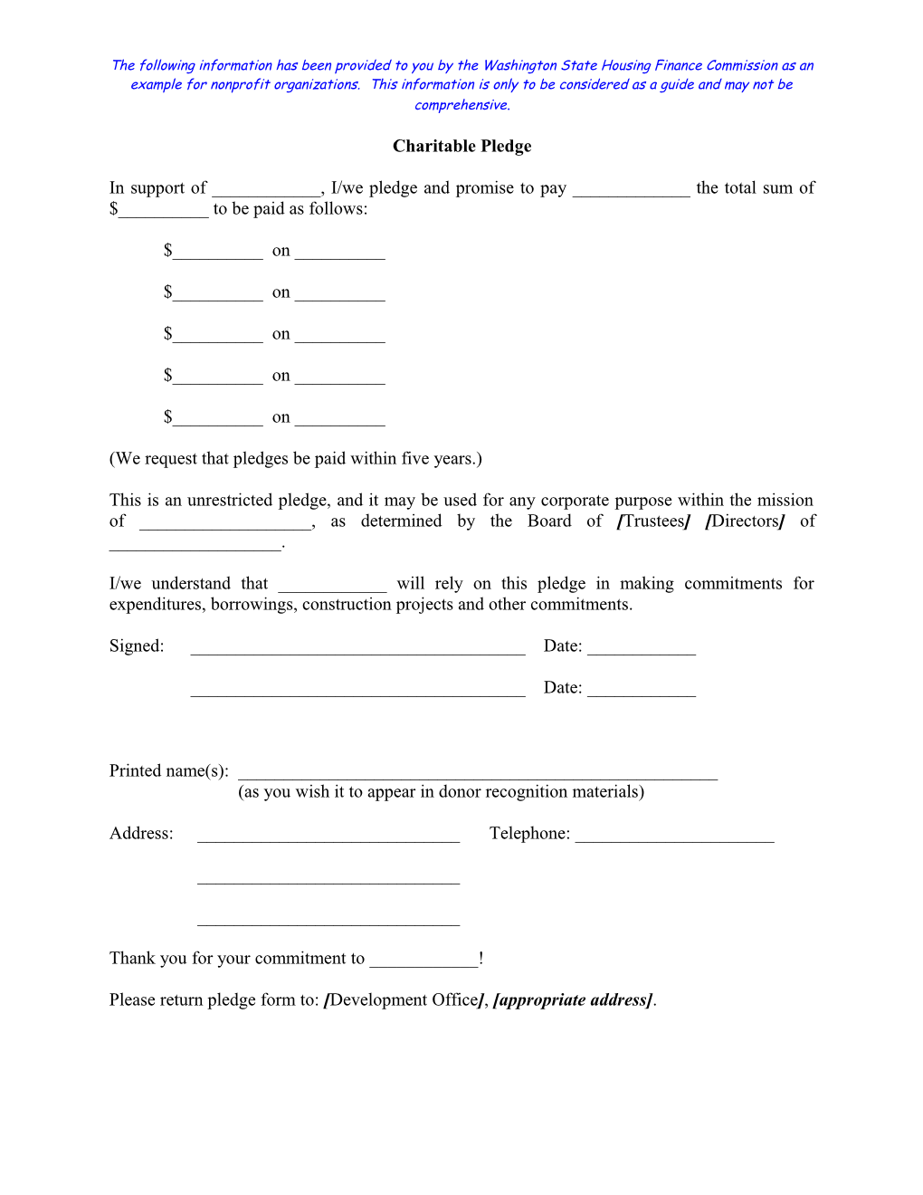 WSHFC Sample Charitable Pledge Form