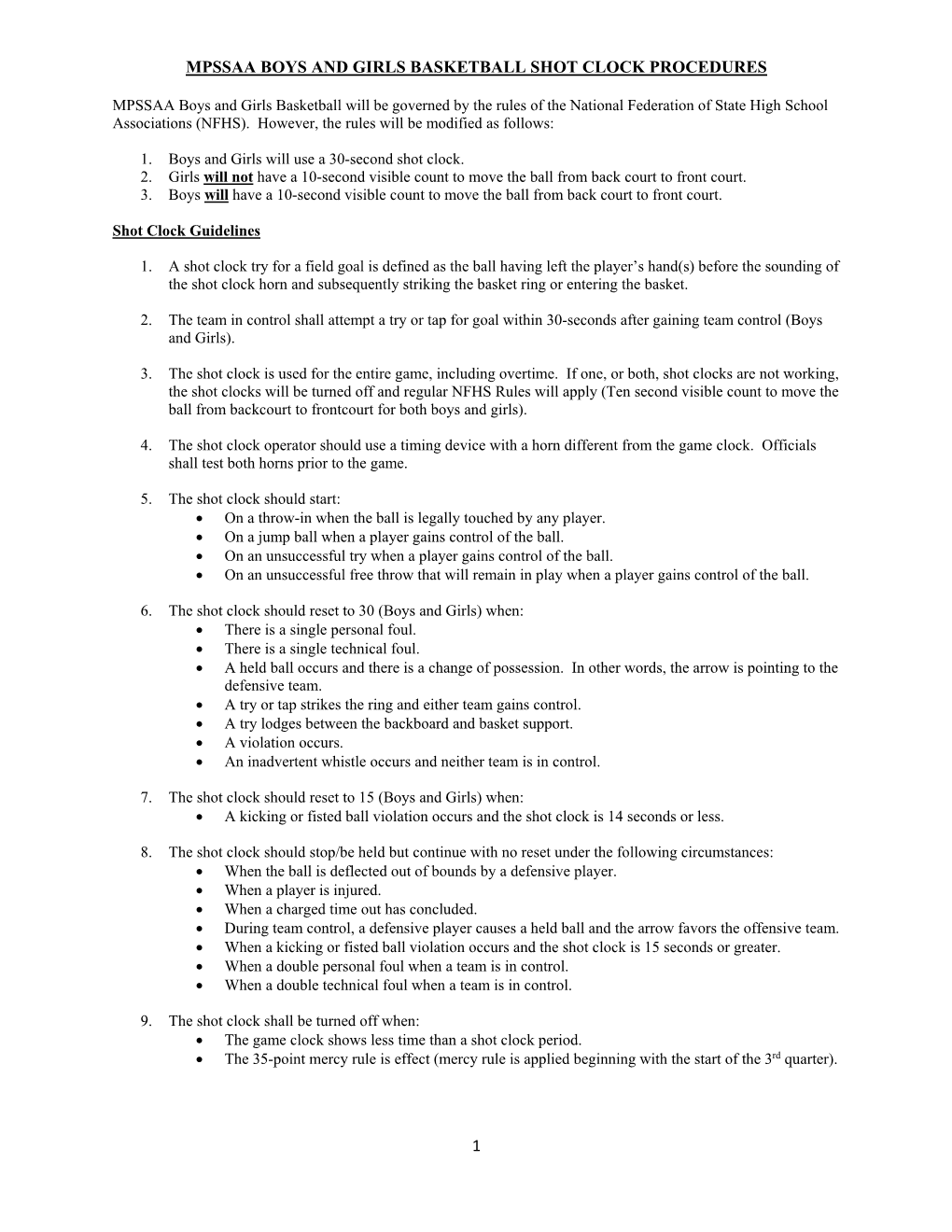 1 Mpssaa Boys and Girls Basketball Shot Clock Procedures