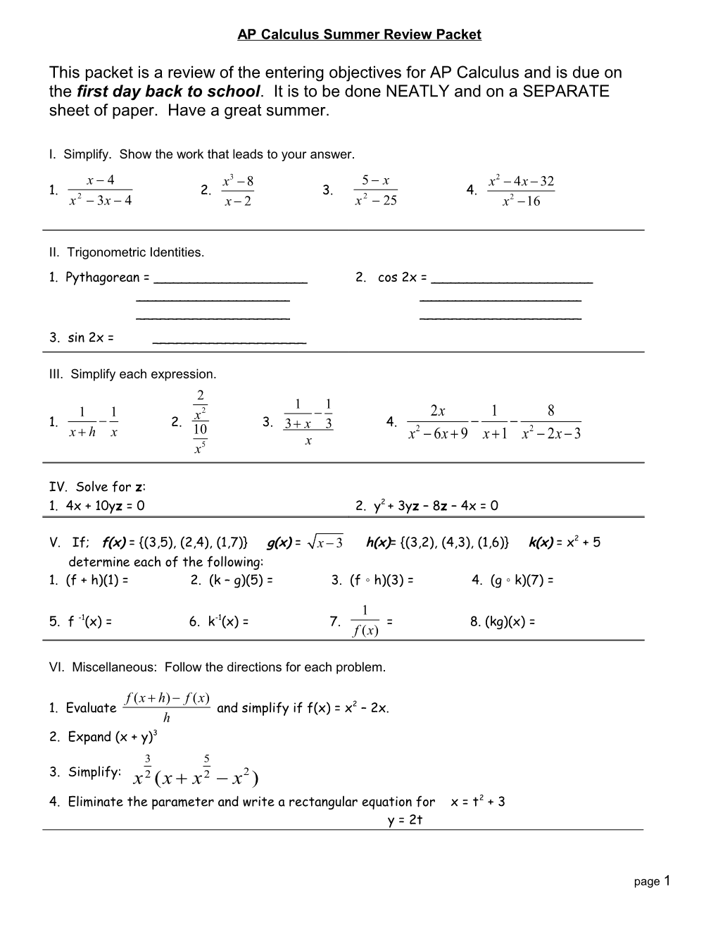 AP Calculus Summer Review Packet