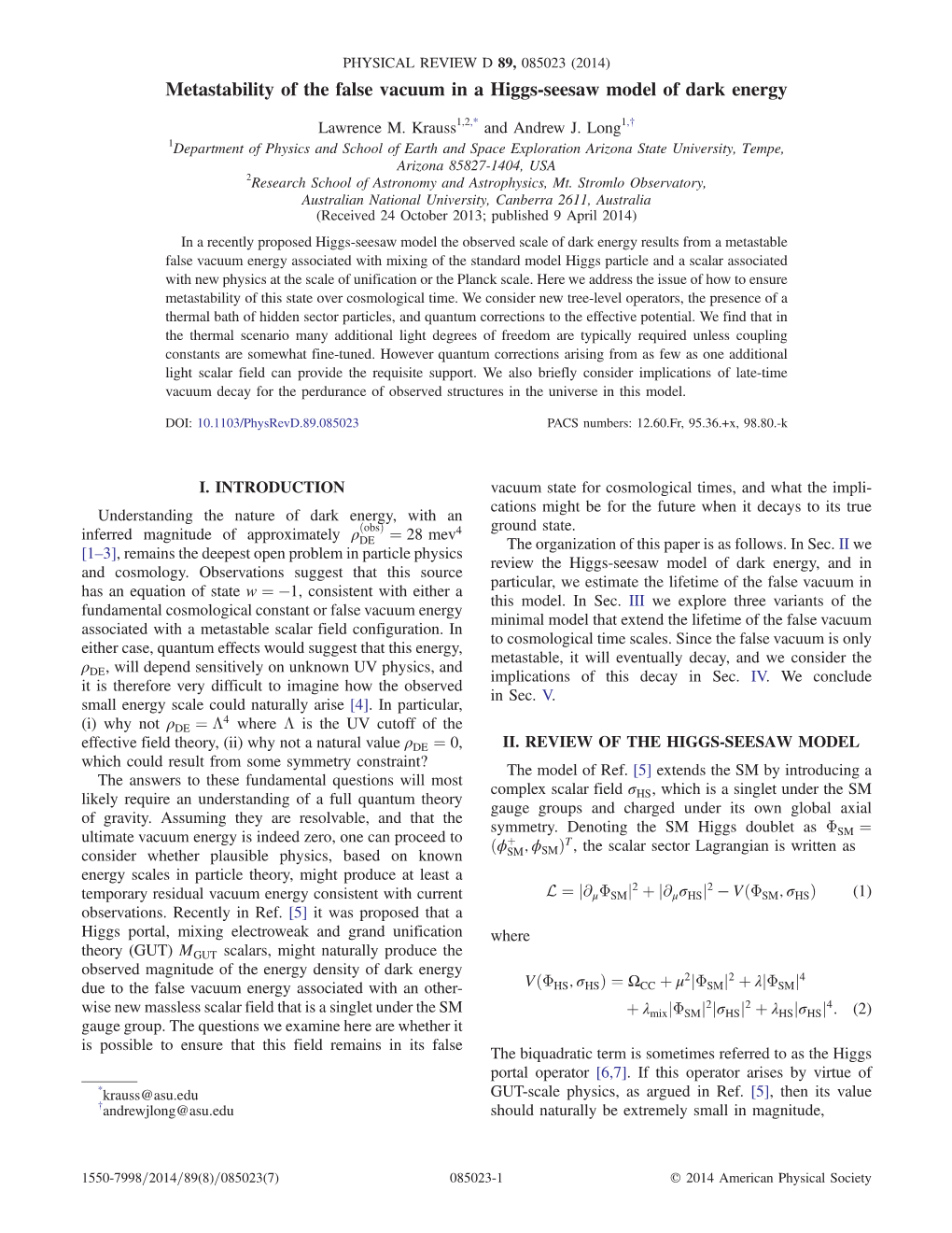 Metastability of the False Vacuum in a Higgs-Seesaw Model of Dark Energy