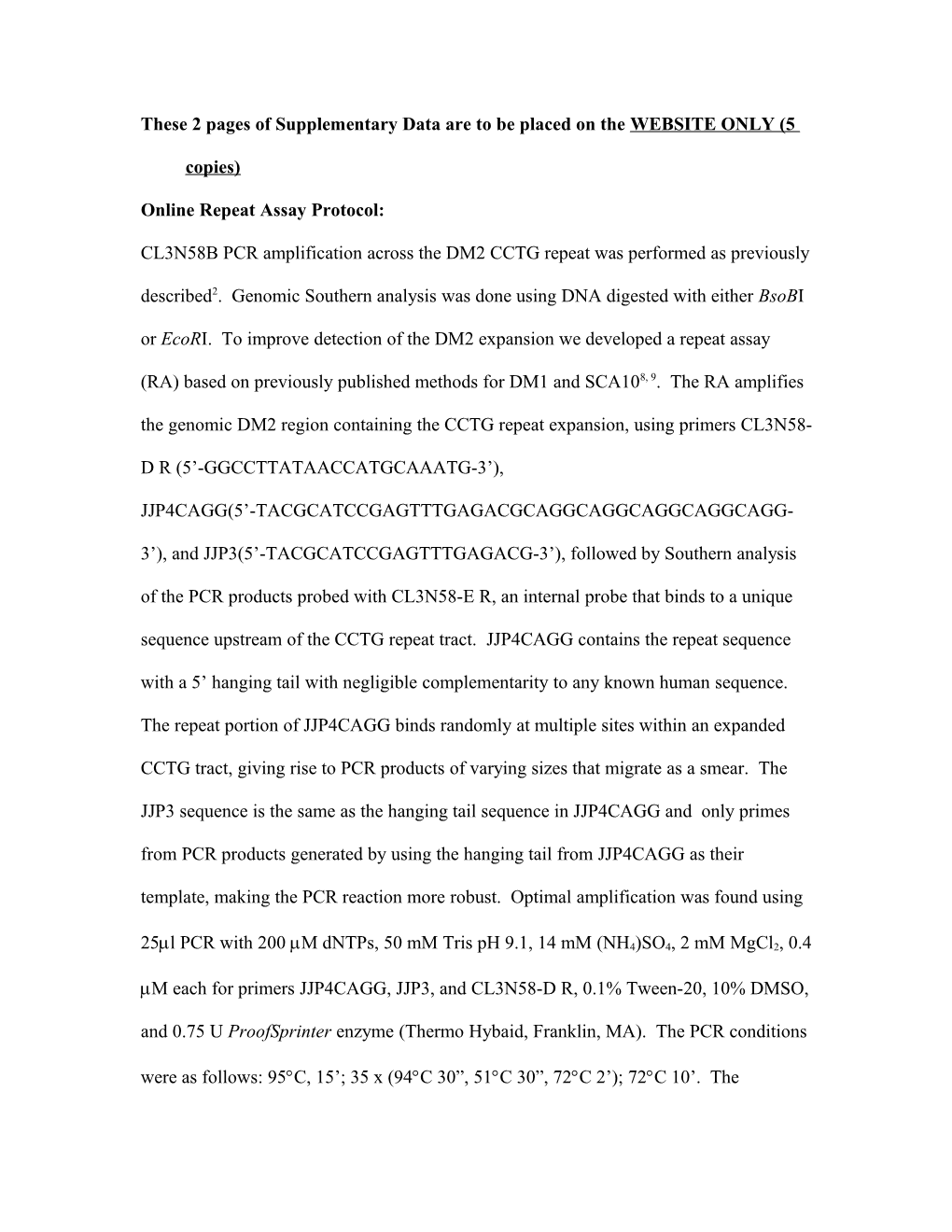 These 2 Pages of Supplementary Data Are to Be Placed on the WEBSITE ONLY (5 Copies)