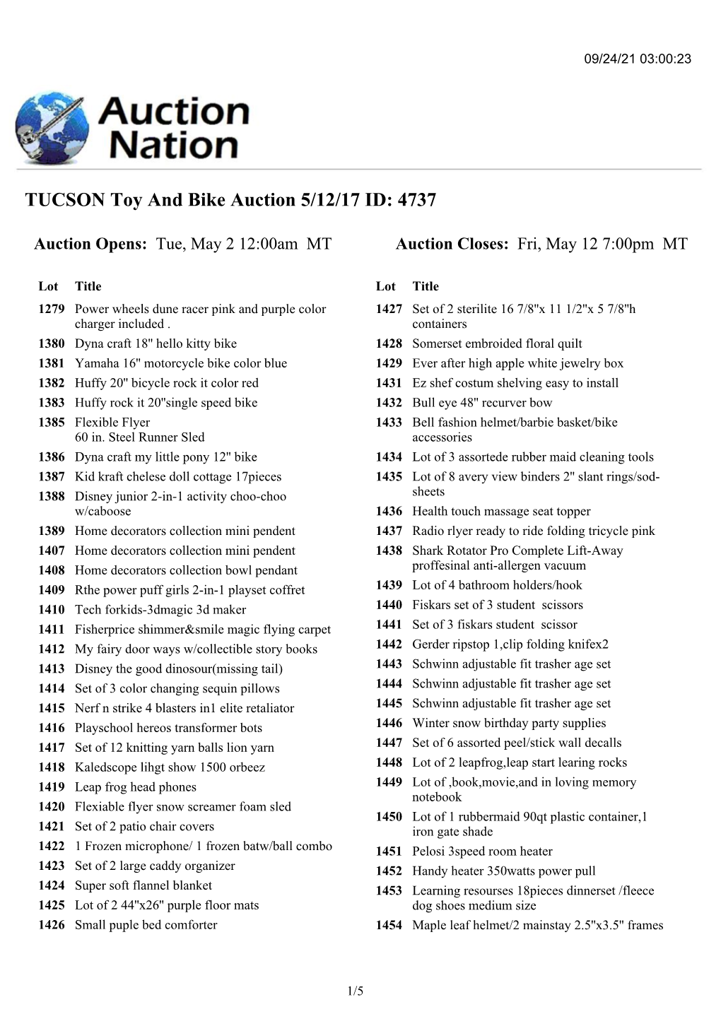 TUCSON Toy and Bike Auction 5/12/17 ID: 4737