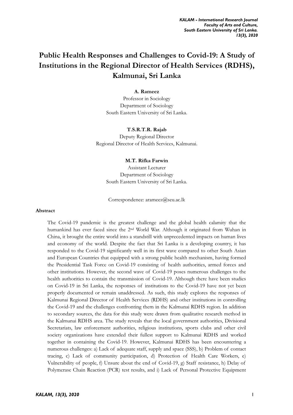 Public Health Responses and Challenges to Covid-19: a Study of Institutions in the Regional Director of Health Services (RDHS), Kalmunai, Sri Lanka