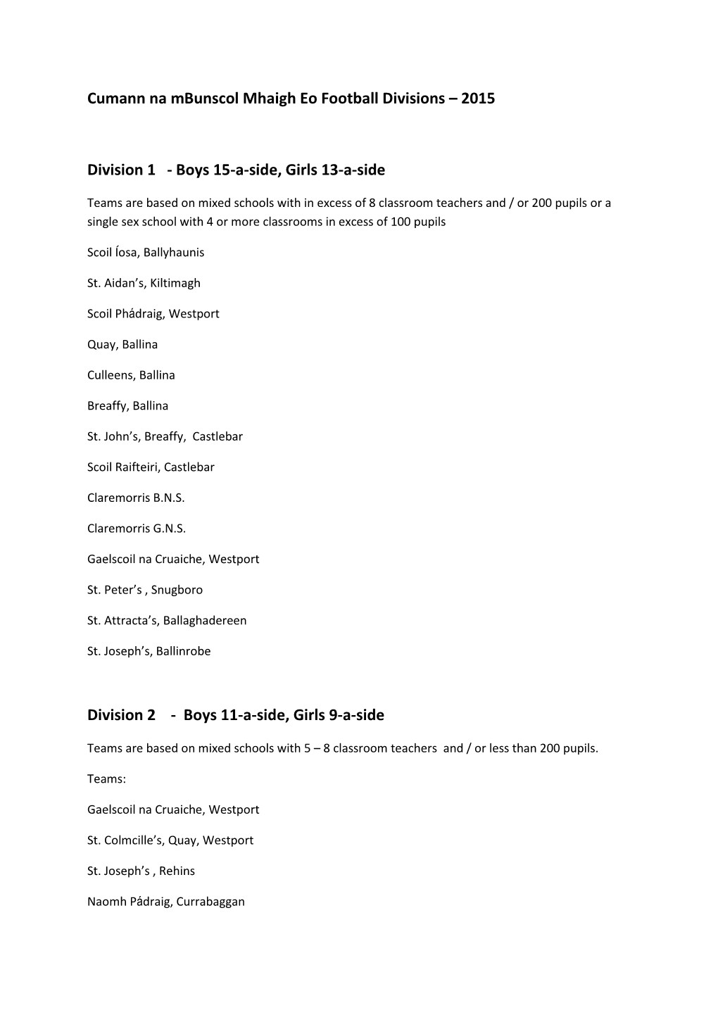 Cumann Na Mbunscol Mhaigh Eo Football Divisions – 2015 Division 1