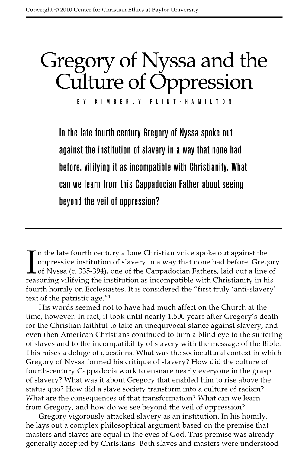 Gregory of Nyssa and the Culture of Oppression by Kimberly Flint-Hamilton