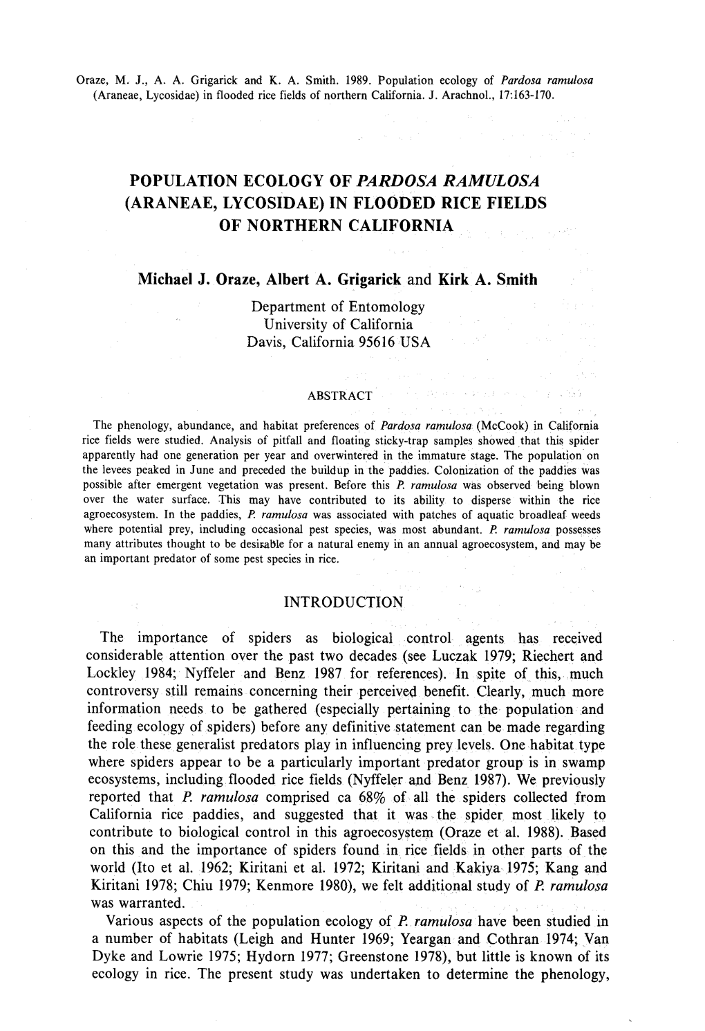 Population Ecology of Pardosa Ramulosa (Araneae, Lycosidae) in Flooded Rice Fields of Northern California