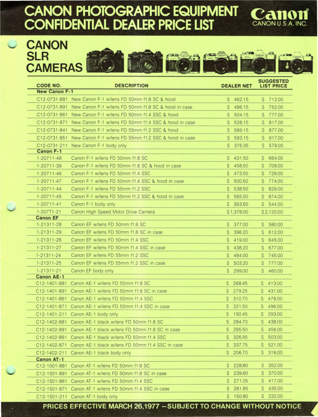 CANON PHOTOGRAPHIC EQUIPMENT Canolf CONFIDENTIAL DEALER PRICE LIST CANON U.S.A