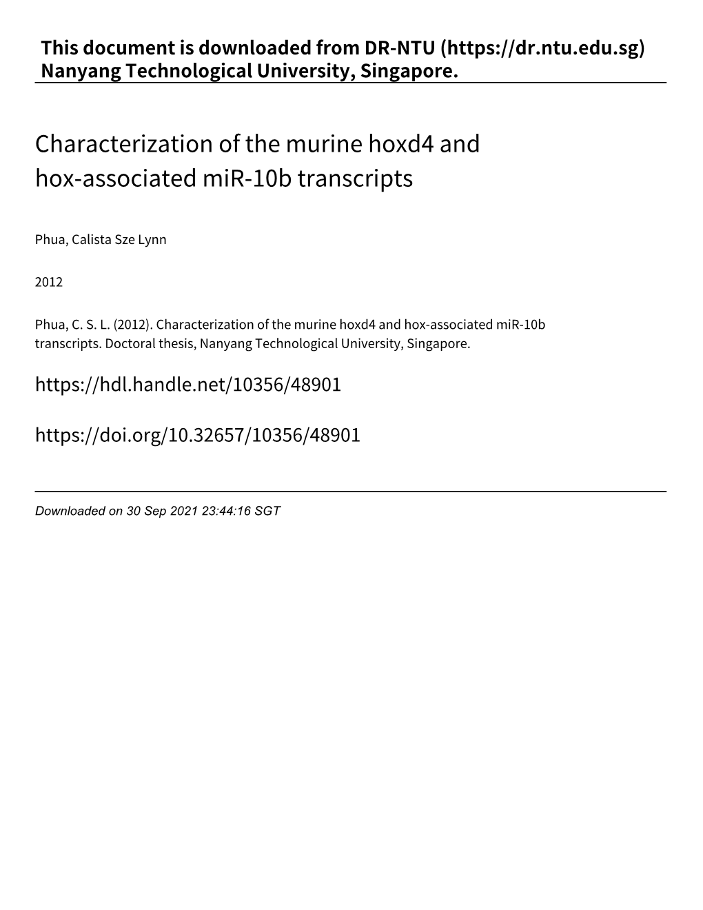 Characterization of the Murine Hoxd4 and Hox‑Associated Mir‑10B Transcripts