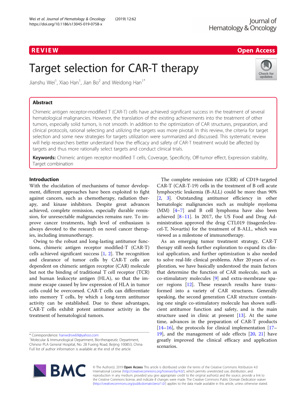 Target Selection for CAR-T Therapy Jianshu Wei1, Xiao Han1, Jian Bo2 and Weidong Han1*