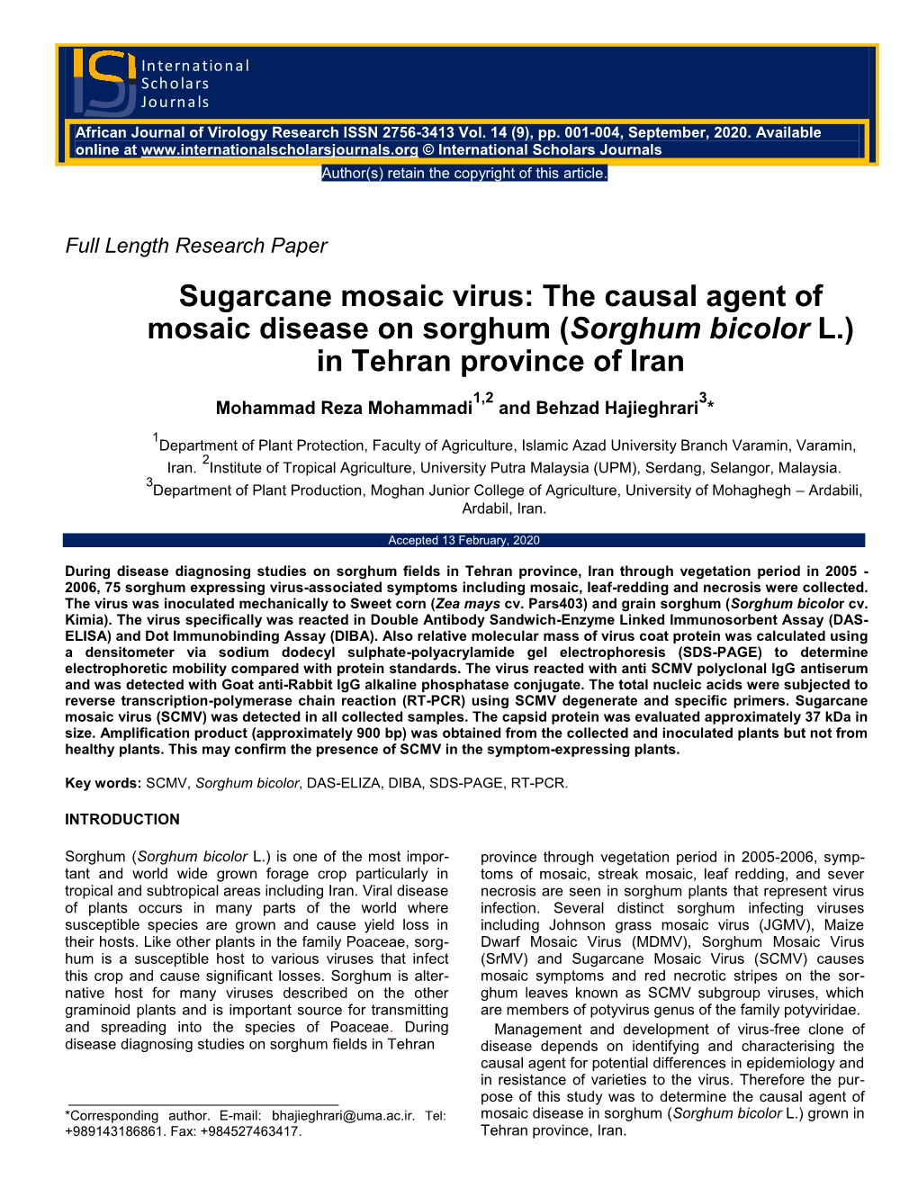 Sugarcane Mosaic Virus: the Causal Agent of Mosaic Disease on Sorghum (Sorghum Bicolor L.) in Tehran Province of Iran