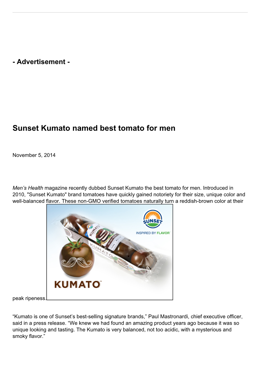 Sunset Kumato Named Best Tomato for Men