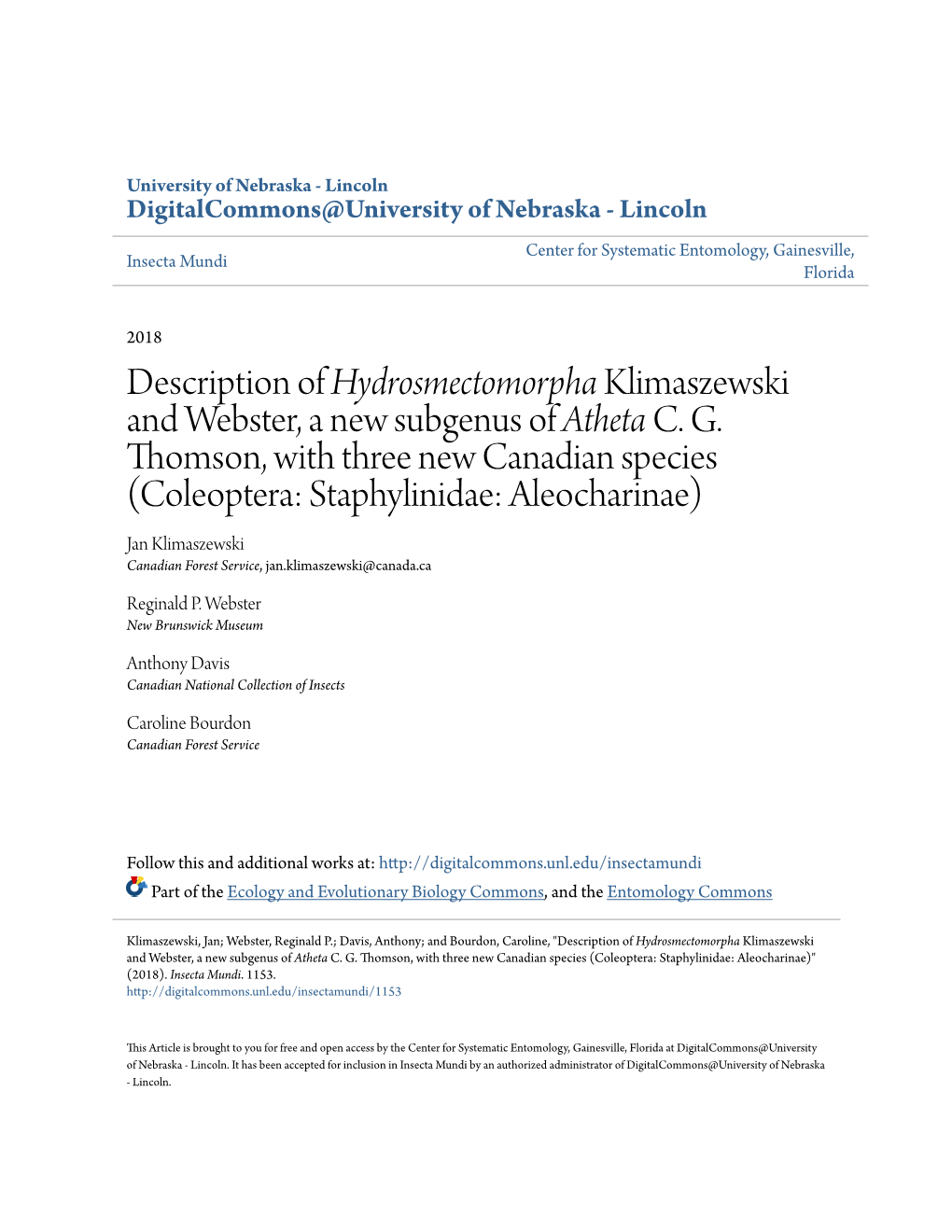 Description of Hydrosmectomorpha Klimaszewski and Webster, a New Subgenus of Atheta C