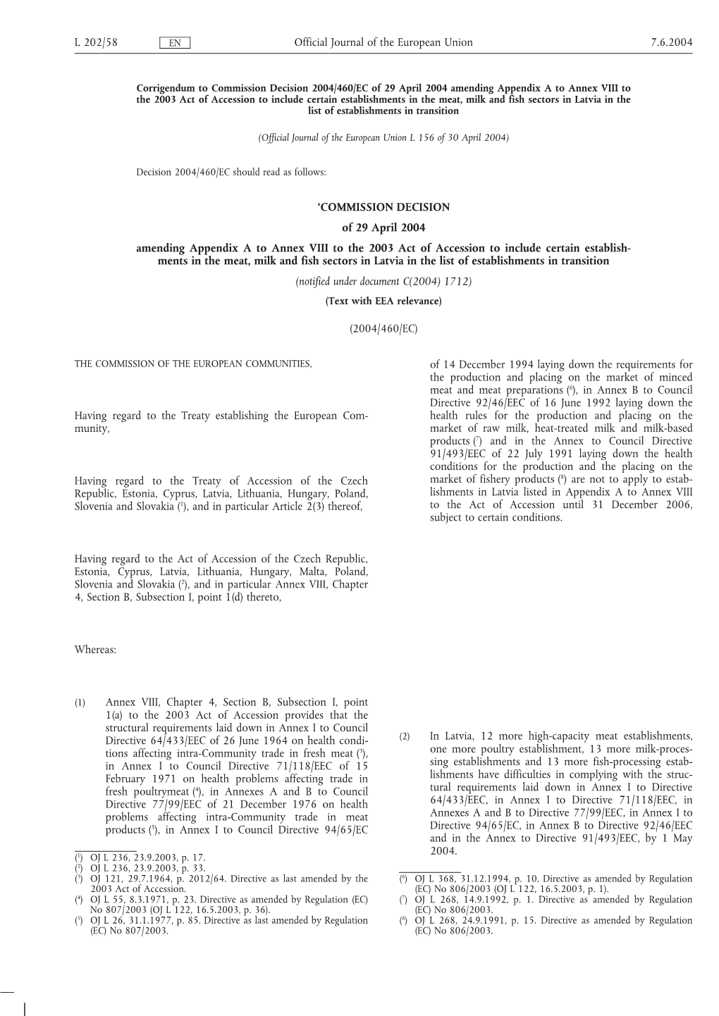COMMISSION DECISION of 29 April 2004 Amending