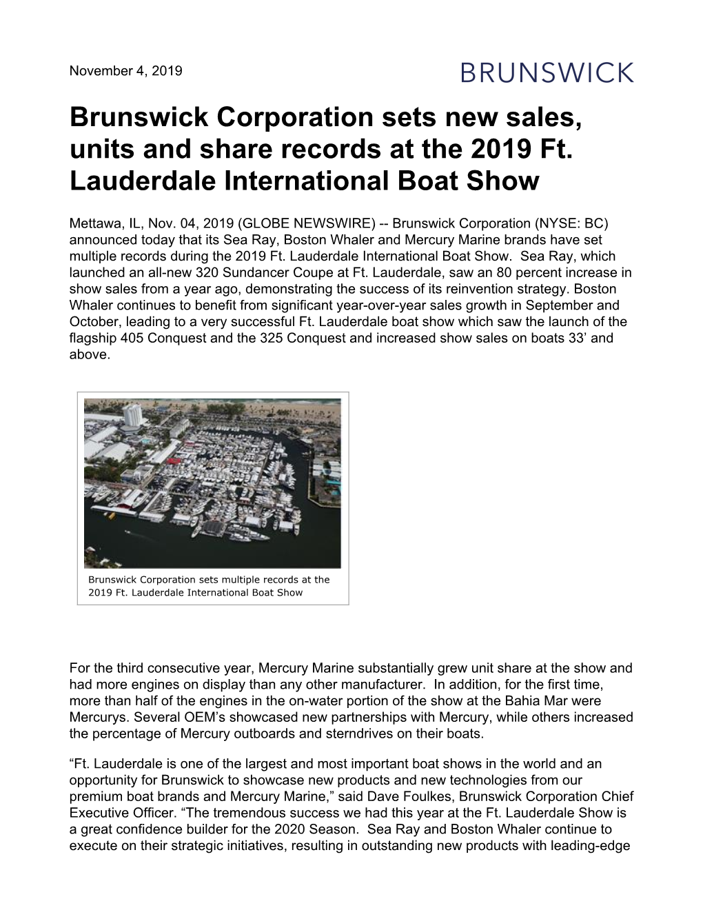 Brunswick Corporation Sets New Sales, Units and Share Records at the 2019 Ft