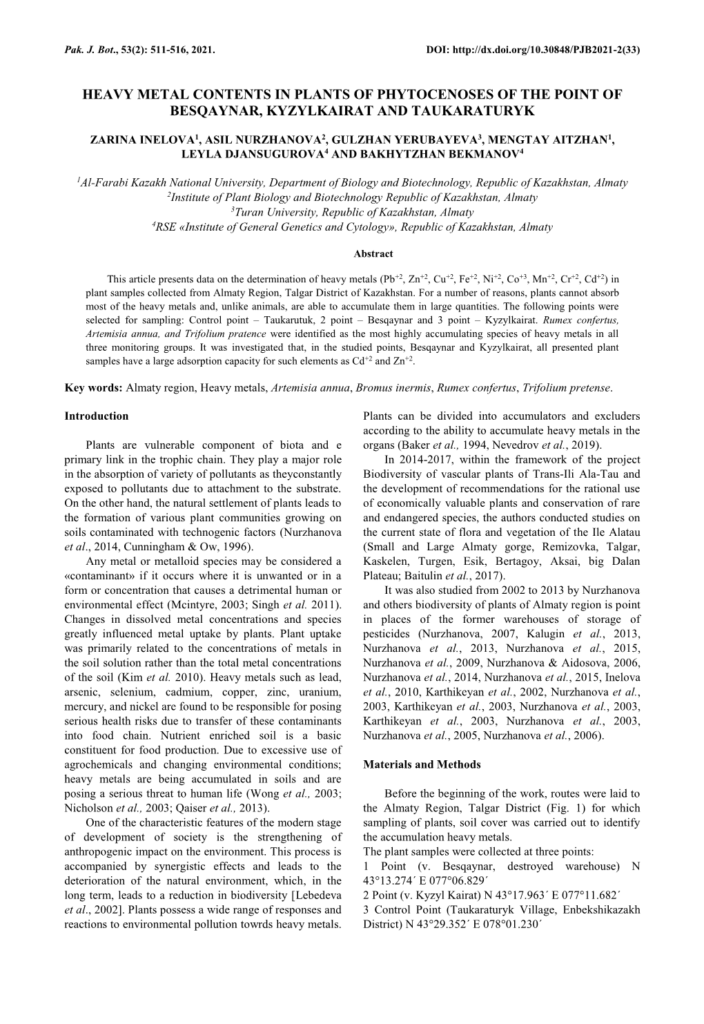 Heavy Metal Contents in Plants of Phytocenoses of the Point of Besqaynar, Kyzylkairat and Taukaraturyk