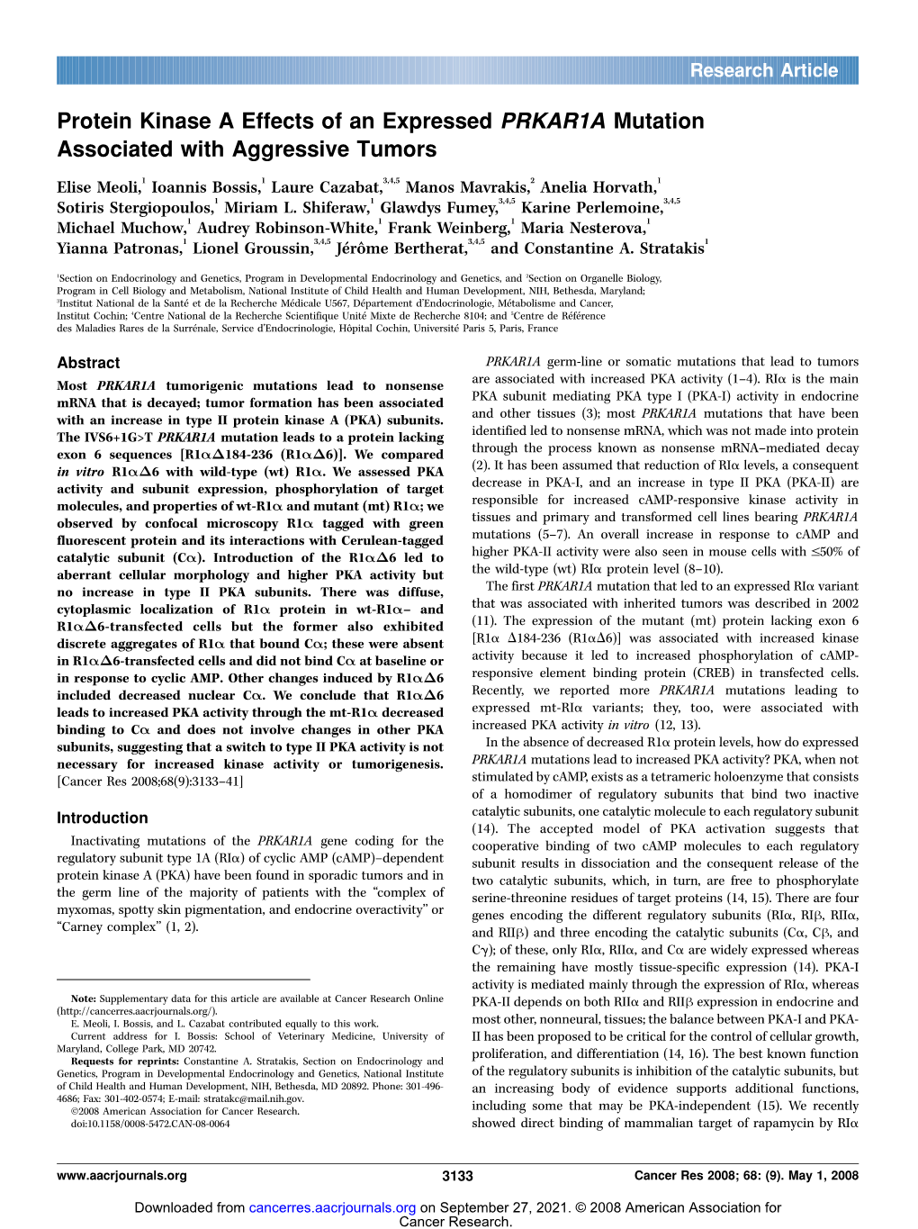 Protein Kinase a Effects of an Expressed PRKAR1A Mutation Associated with Aggressive Tumors