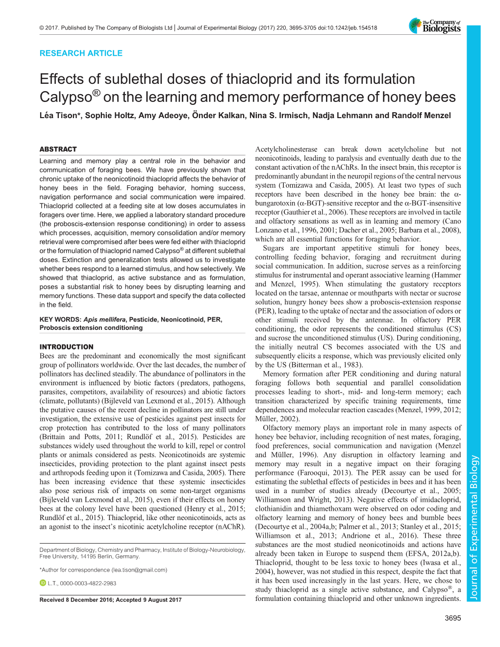 Effects of Sublethal Doses of Thiacloprid and Its Formulation