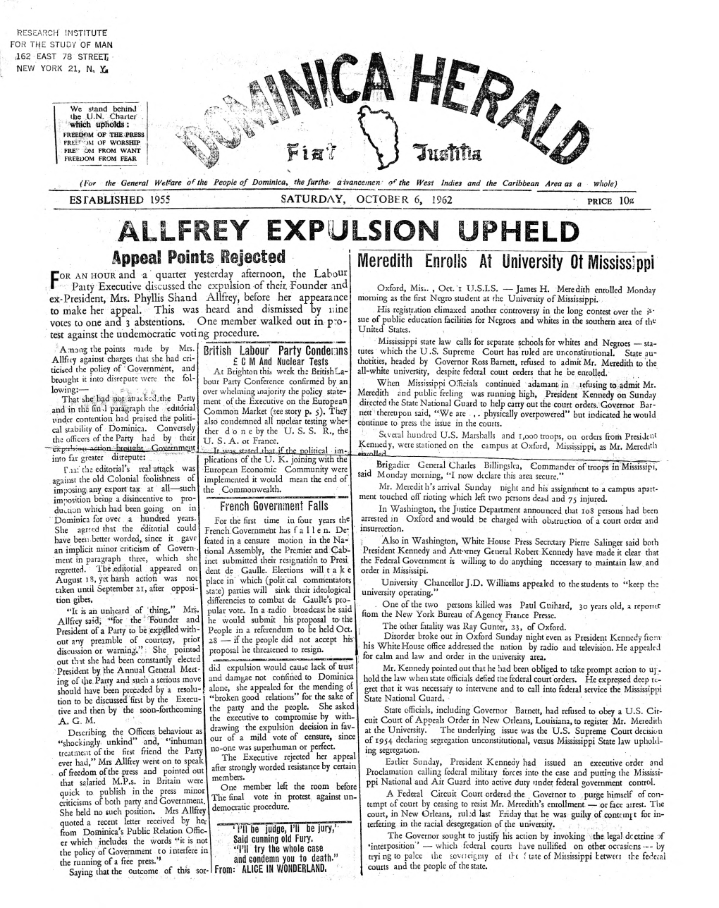 ESTABLISHED 1955 | SATURDAY, OCTOBER 6, A7 1962 PRICE 102 ALLFREY EXPULSION | up UPHELD