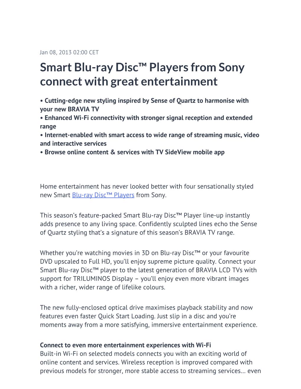 Smart Blu-Ray Disc™ Players from Sony Connect with Great Entertainment