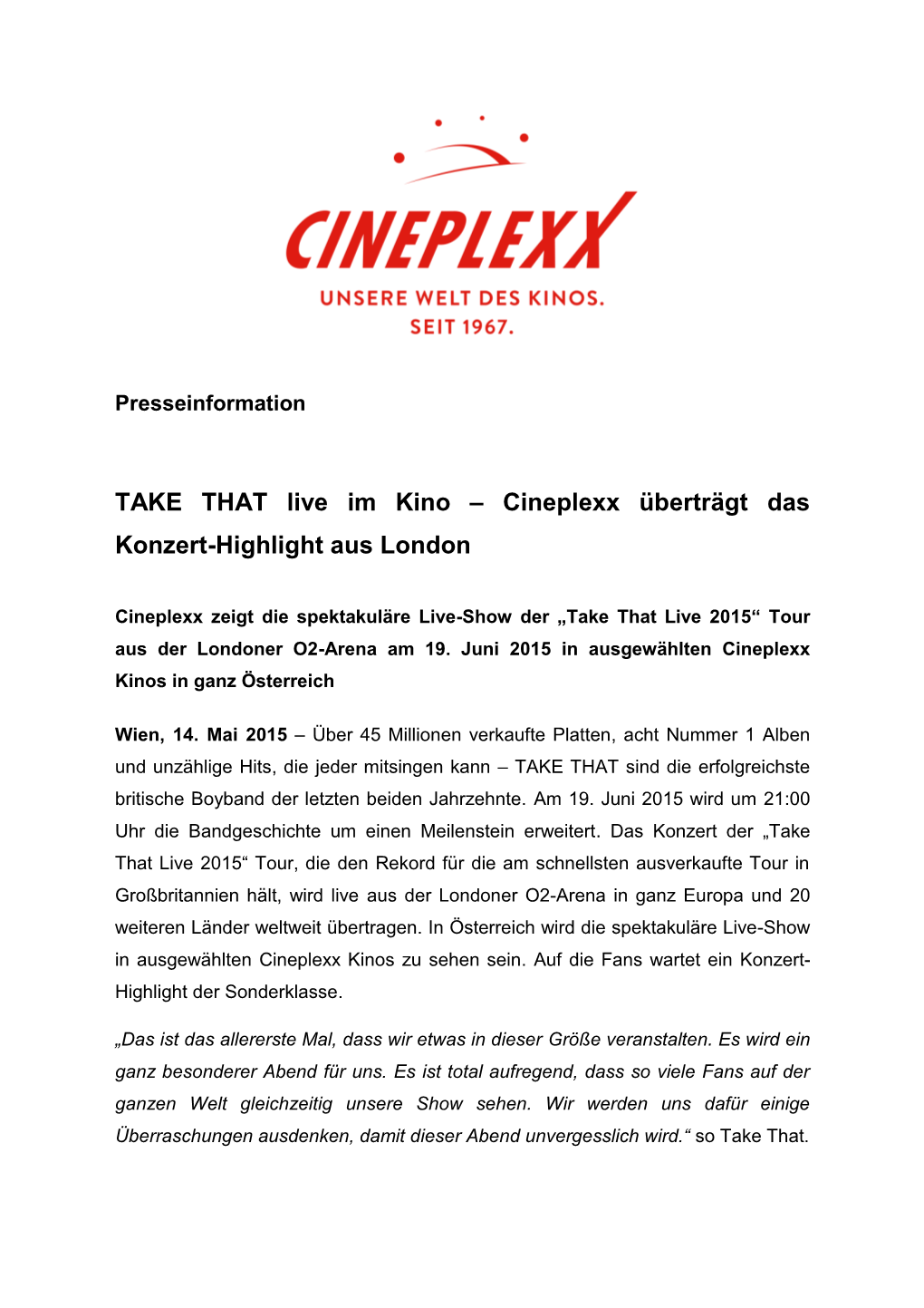 TAKE THAT Live Im Kino – Cineplexx Überträgt Das Konzert-Highlight Aus London