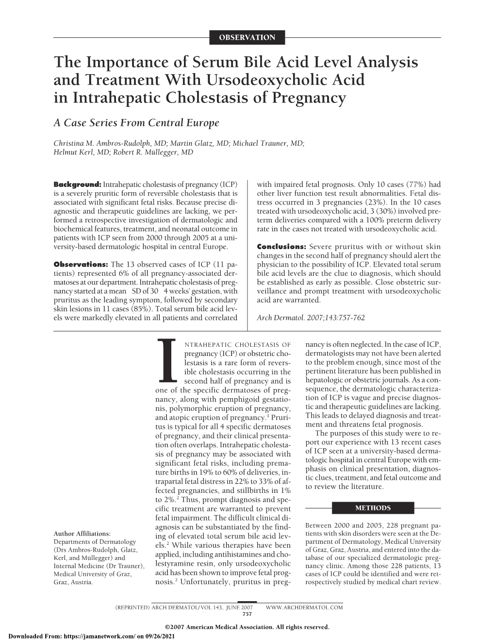 The Importance of Serum Bile Acid Level Analysis and Treatment with Ursodeoxycholic Acid in Intrahepatic Cholestasis of Pregnancy a Case Series from Central Europe