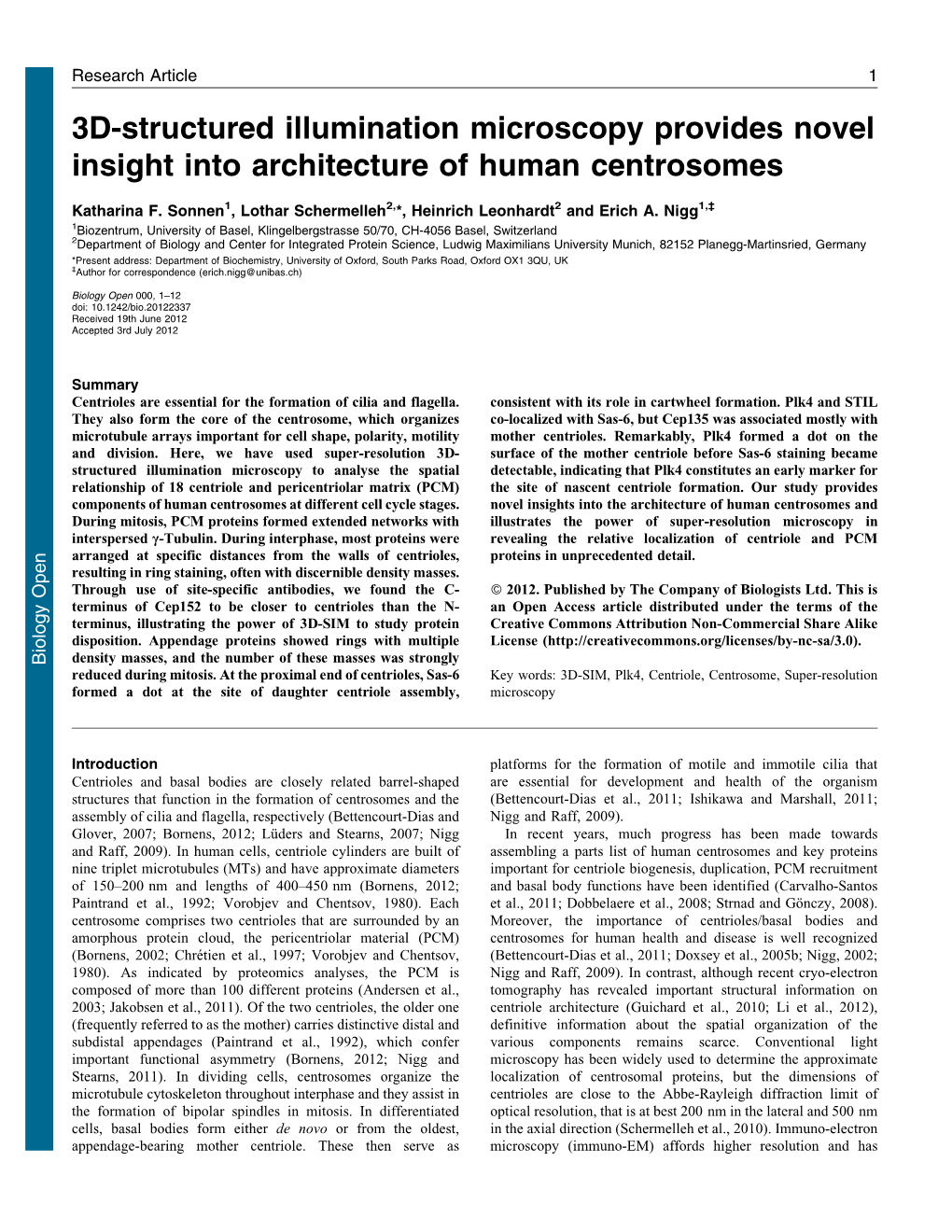 3D-Structured Illumination Microscopy Provides Novel Insight Into Architecture of Human Centrosomes